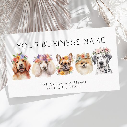 Afspraakkaart waterverf honden bloemen, wit visitekaartje