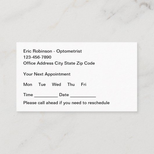 Afspraakkaarten voor opticiens en opticiens visitekaartje (Achterkant)