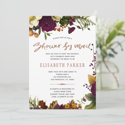 Afstand douche bordeauxrode bloemendouche per post kaart (Staand voorkant)