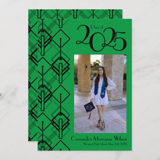 Afstudeer Art Deco Zwart Rode Aankondiging (Voorkant / Achterkant)