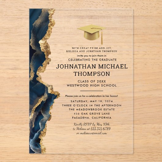 Afstudeer Blauw Goud Agaat Afstudeerfeest Acryl Uitnodigingen (Voorkant)