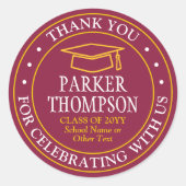 Afstudeer Dank Je Wel Modern Maroon Rood Goud Geel Ronde Sticker (Voorkant)