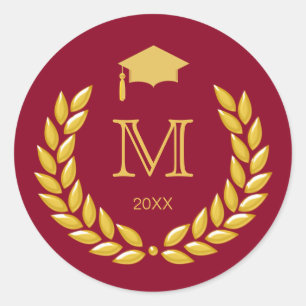 Afstudeer monogram Gouden Lauwerkrans op Maroon Ronde Sticker