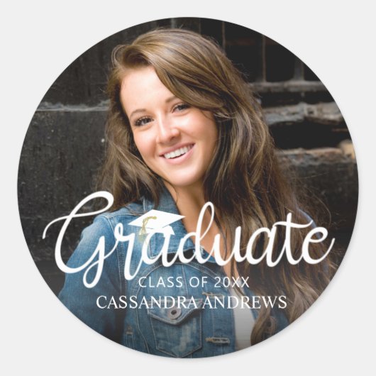 Afstudeer Witte Handgeschreven Script Foto Ronde Sticker (Voorkant)