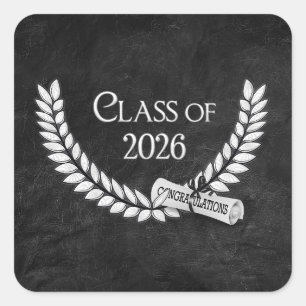 Afstudeer zwart leer 2026 laurier en diploma vierkante sticker