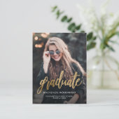 Afstudeeraankondiging met gouden scriptfoto briefkaart (Staand voorkant)