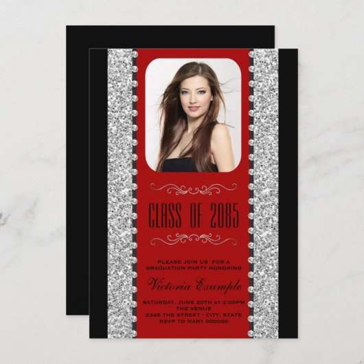 Afstudeeraankondigingen van Red en Black Glitter Kaart (Voorkant / Achterkant)