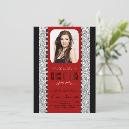 Afstudeeraankondigingen van Red en Black Glitter Kaart (Staand voorkant)