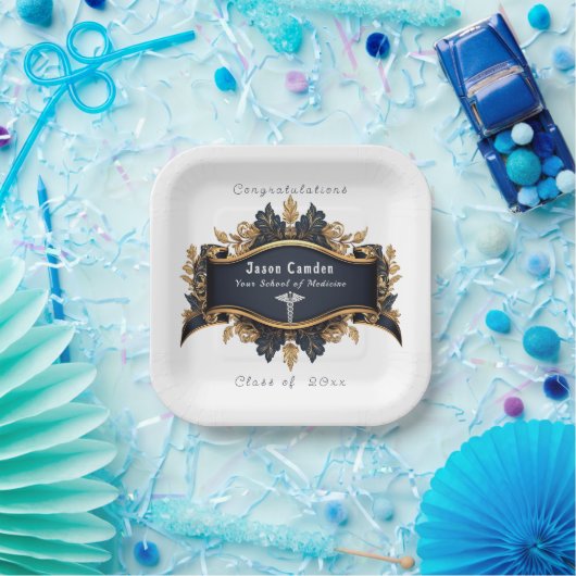 Afstudeercaduceus Elegant Zwart Goud Wit Papieren Bordje (Feest)