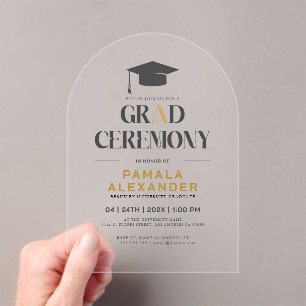 Afstudeerceremonie Goud en Grijs Retro Typografie Acryl Uitnodigingen