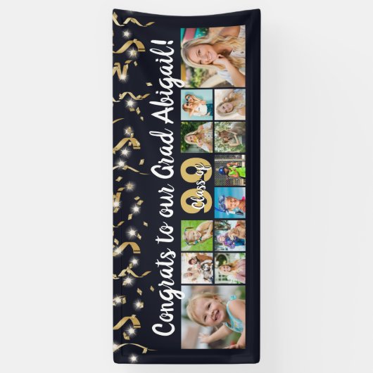 Afstudeerder 12 Foto Collage Black Gold Confetti Spandoek (Verticaal)