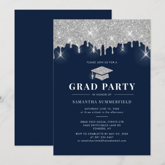 Afstudeerder 2022 Navy Silver Glitter Graduation P Kaart (Voorkant / Achterkant)