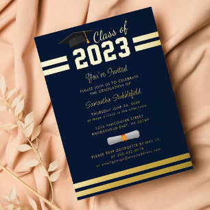 Afstudeerder 2024 Navy Blue Graduation Party Gold Folie Uitnodiging