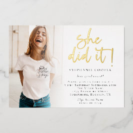 Afstudeerder 2025 Foto Ze deed het Afstuderen Gold Folie Uitnodiging