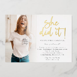 Afstudeerder 2025 Foto Ze deed het Afstuderen Gold Folie Uitnodiging