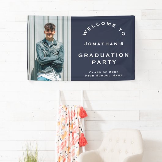 Afstudeerder 2025 Man Foto Navy Welkom Afstudeerfe Spandoek (Insitu)