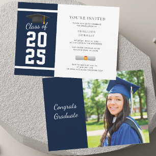 Afstudeerder 2025 Navy Blue Photo Graduation Party Kaart