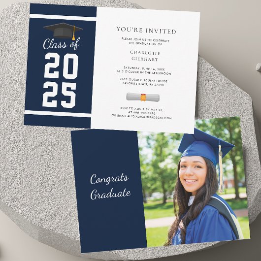 Afstudeerder 2025 Navy Blue Photo Graduation Party Kaart