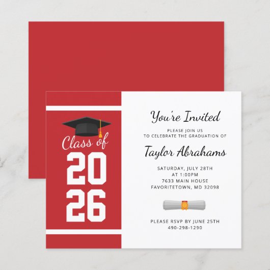 Afstudeerder 2025 Red Graduation Party Invitation (Voorkant / Achterkant)