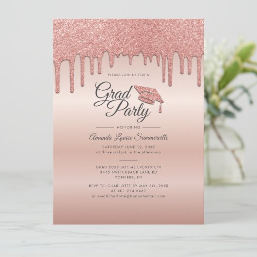 Afstudeerder 2025 Roos Gold Glitter Drip Graduatio Kaart (Staand voorkant)