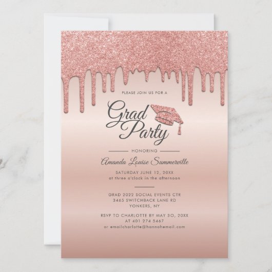 Afstudeerder 2025 Roos Gold Glitter Drip Graduatio Kaart (Voorkant)