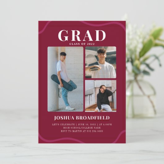 Afstudeerder 3 Foto Modern Burgundy Graduation Par Kaart (Staand voorkant)
