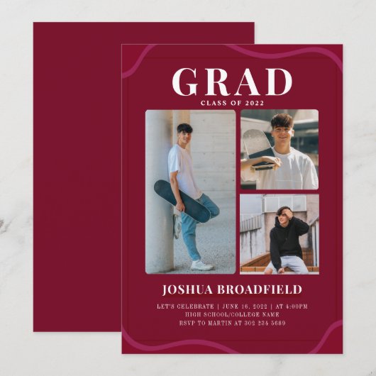 Afstudeerder 3 Foto Modern Burgundy Graduation Par Kaart (Voorkant / Achterkant)