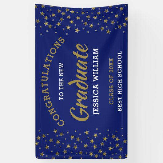 Afstudeerder Afstuderen 2022 met blauwe en goudsta Spandoek (Verticaal)