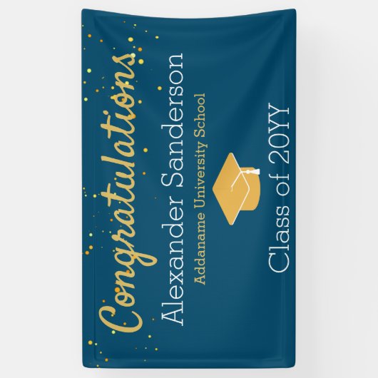Afstudeerder Afstuderen blauw en goudglitter Spandoek (Verticaal)