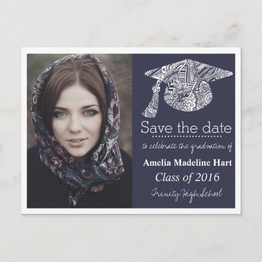 Afstudeerder Boheems Pet Navy Blue Save The Date F Aankondigingskaart (Voorkant)