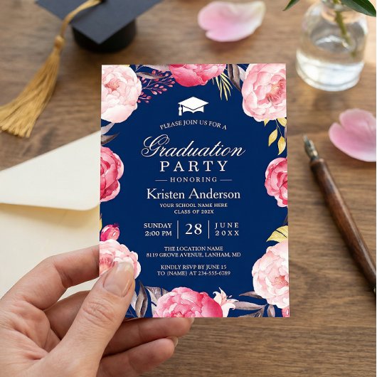 Afstudeerder Floral Wreath Navy Blue Graduation Pa Kaart