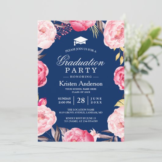 Afstudeerder Floral Wreath Navy Blue Graduation Pa Kaart (Staand voorkant)
