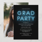 Afstudeerder Foto Blue Neon Sign Graduparty Kaart (Voorkant / Achterkant)