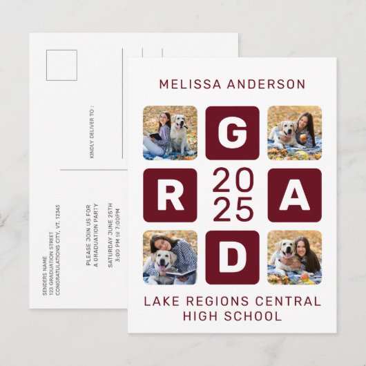 Afstudeerder Foto Collage Burgundy Uniek Afstudere Uitnodiging Briefkaart (Voorkant / Achterkant)