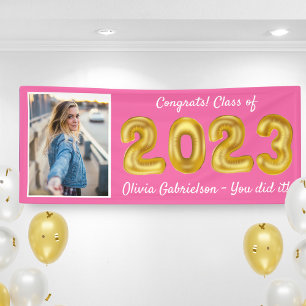 Afstudeerder Foto Gold Balloons 2023 Roze Afstuder Spandoek