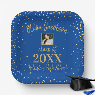 Afstudeerder Foto, Gold Confetti, Blue Graduparty Papieren Bordje