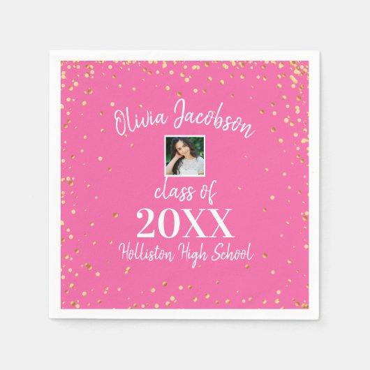 Afstudeerder Foto Gold Confetti Graduit Party roze Servet (Voorkant)