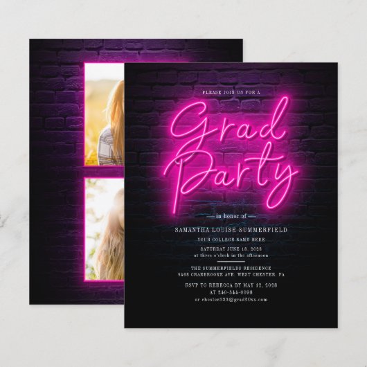 Afstudeerder Foto Neon Graduation Party Invitation (Voorkant / Achterkant)