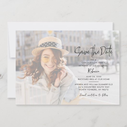 Afstudeerder foto Save the Date Graduation Party Aankondiging (Achterkant)