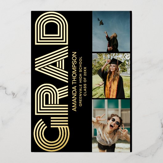 Afstudeerder Fotocollage Zwart Goud Afstuderen Folie Uitnodiging (Voorkant)