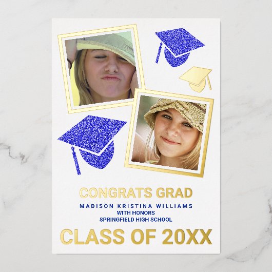Afstudeerder Glam Navy Pet Fotocollage Afstuderen Folie Uitnodiging (Voorkant)