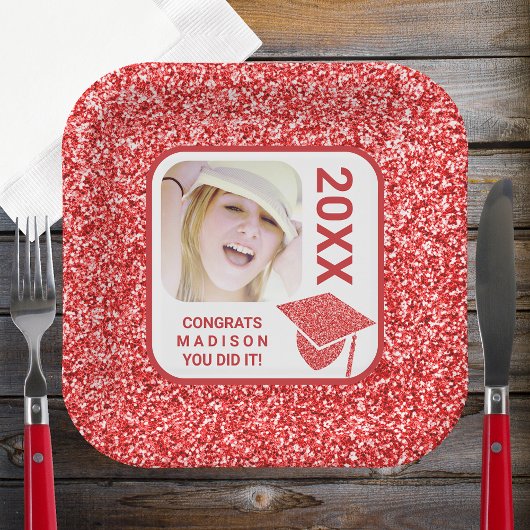 Afstudeerder Glam Red Pet Elegant Cool Photo Party Papieren Bordje