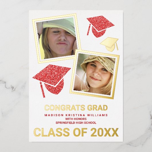 Afstudeerder Glam Rood Pet Fotocollage Afstuderen Folie Uitnodiging (Voorkant)