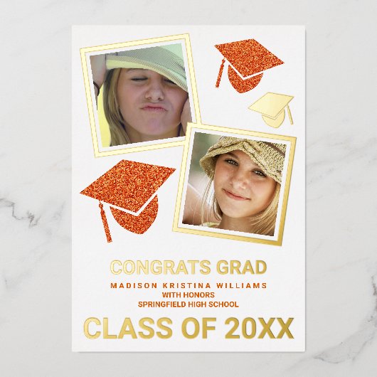Afstudeerder Glam Sinaasappel Pet Fotocollage Afst Folie Uitnodiging (Voorkant)