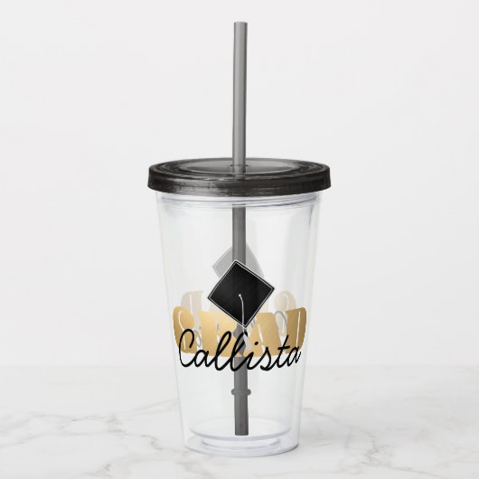 Afstudeerder Gold Black Graduation Cap Monogram Na Acryl Drinkbeker (Voorkant)