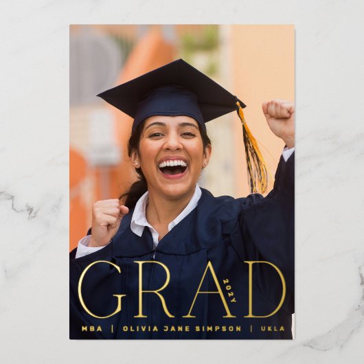 AFSTUDEERDER | Gold Foil Leaf Modern Photo Announg Folie Uitnodiging (Voorkant)