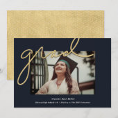 Afstudeerder Handgeschreven in Gold op Navy Photo  Aankondiging (Voorkant / Achterkant)