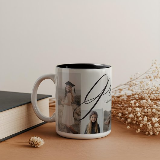 Afstudeerder Hart Elegant Script Afstuderen Fotoco Tweekleurige Koffiemok