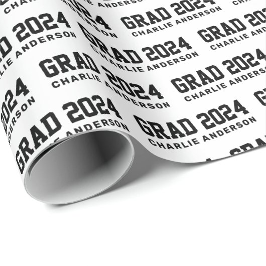 Afstudeerder jaar 2024 afstuderen naam zwart wit cadeaupapier (Rol Hoek)