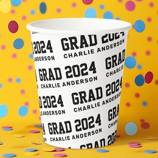 Afstudeerder jaar 2024 afstuderen naam zwart wit papieren bekers